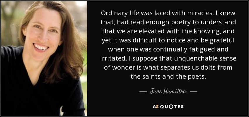 Ordinary life was laced with miracles, I knew that, had read enough poetry to understand that we are elevated with the knowing, and yet it was difficult to notice and be grateful when one was continually fatigued and irritated. I suppose that unquenchable sense of wonder is what separates us dolts from the saints and the poets. - Jane Hamilton