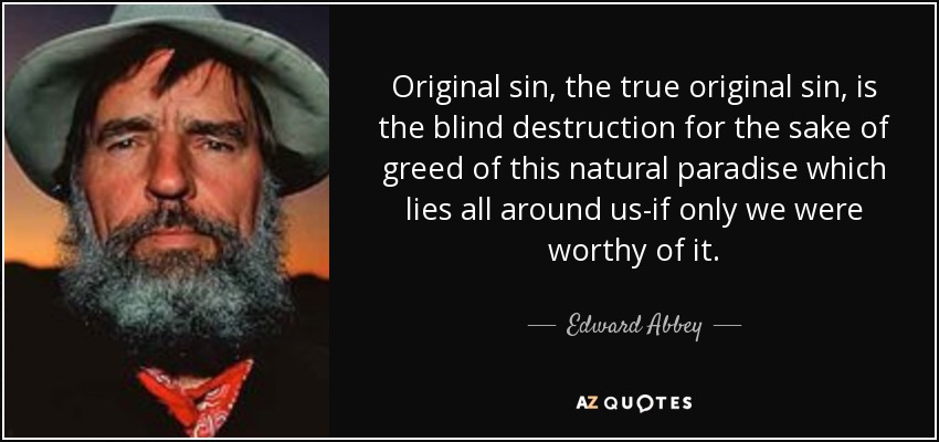 Original sin, the true original sin, is the blind destruction for the sake of greed of this natural paradise which lies all around us-if only we were worthy of it. - Edward Abbey