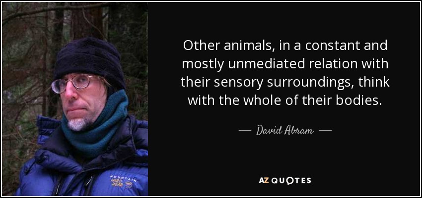 Other animals, in a constant and mostly unmediated relation with their sensory surroundings, think with the whole of their bodies. - David Abram