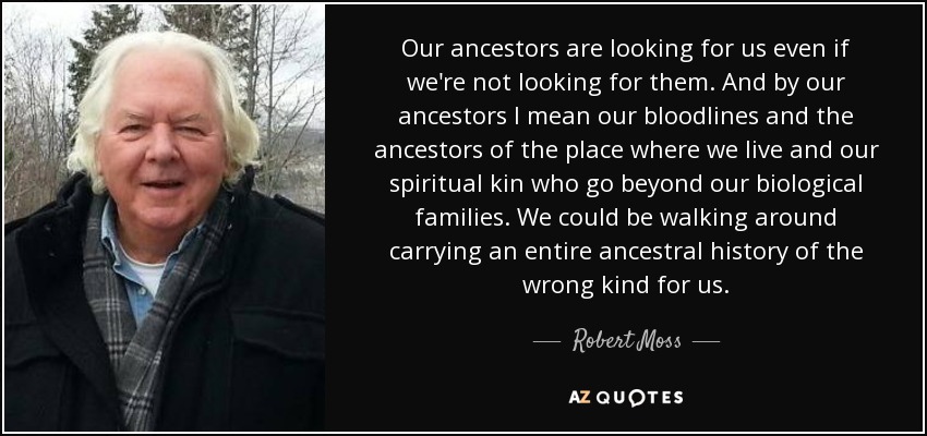 Our ancestors are looking for us even if we're not looking for them. And by our ancestors I mean our bloodlines and the ancestors of the place where we live and our spiritual kin who go beyond our biological families. We could be walking around carrying an entire ancestral history of the wrong kind for us. - Robert Moss