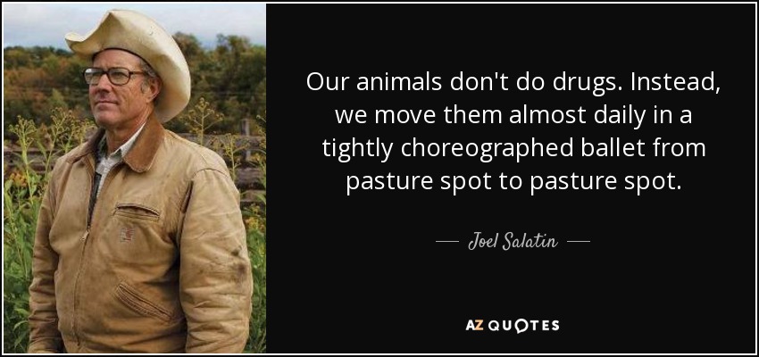 Our animals don't do drugs. Instead, we move them almost daily in a tightly choreographed ballet from pasture spot to pasture spot. - Joel Salatin
