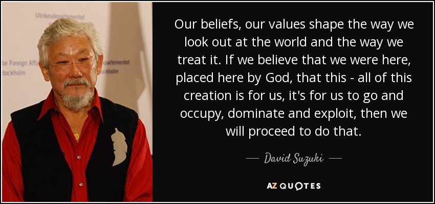 Our beliefs, our values shape the way we look out at the world and the way we treat it. If we believe that we were here, placed here by God, that this - all of this creation is for us, it's for us to go and occupy, dominate and exploit, then we will proceed to do that. - David Suzuki