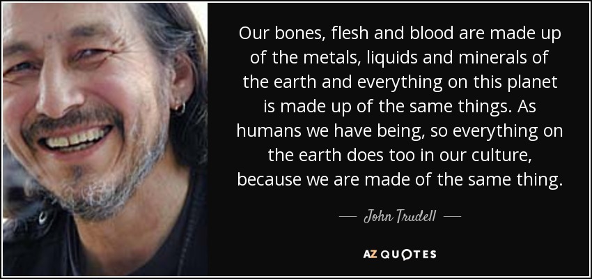 Our bones, flesh and blood are made up of the metals, liquids and minerals of the earth and everything on this planet is made up of the same things. As humans we have being, so everything on the earth does too in our culture, because we are made of the same thing. - John Trudell