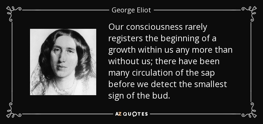 Our consciousness rarely registers the beginning of a growth within us any more than without us; there have been many circulation of the sap before we detect the smallest sign of the bud. - George Eliot