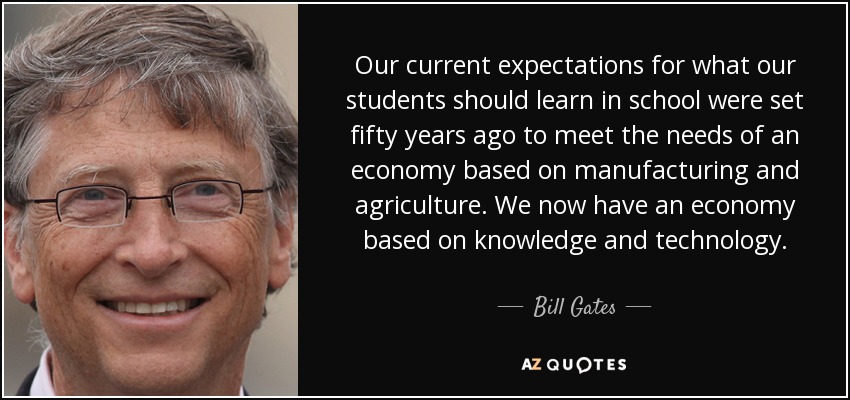 Our current expectations for what our students should learn in school were set ﬁfty years ago to meet the needs of an economy based on manufacturing and agriculture. We now have an economy based on knowledge and technology. - Bill Gates