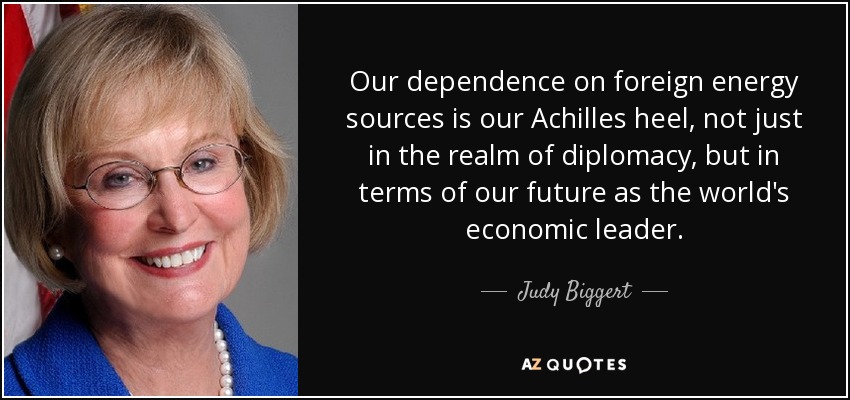 Our dependence on foreign energy sources is our Achilles heel, not just in the realm of diplomacy, but in terms of our future as the world's economic leader. - Judy Biggert