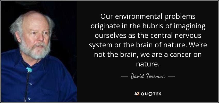 Our environmental problems originate in the hubris of imagining ourselves as the central nervous system or the brain of nature. We're not the brain, we are a cancer on nature. - David Foreman