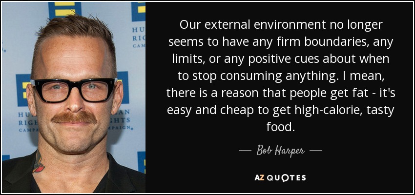 Our external environment no longer seems to have any firm boundaries, any limits, or any positive cues about when to stop consuming anything. I mean, there is a reason that people get fat - it's easy and cheap to get high-calorie, tasty food. - Bob Harper