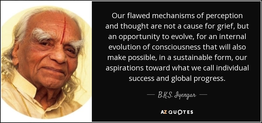 Our flawed mechanisms of perception and thought are not a cause for grief, but an opportunity to evolve, for an internal evolution of consciousness that will also make possible, in a sustainable form, our aspirations toward what we call individual success and global progress. - B.K.S. Iyengar