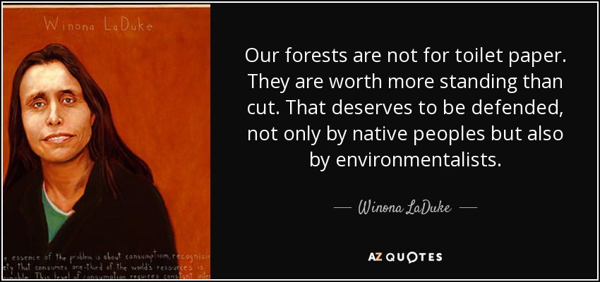 Our forests are not for toilet paper. They are worth more standing than cut. That deserves to be defended, not only by native peoples but also by environmentalists. - Winona LaDuke