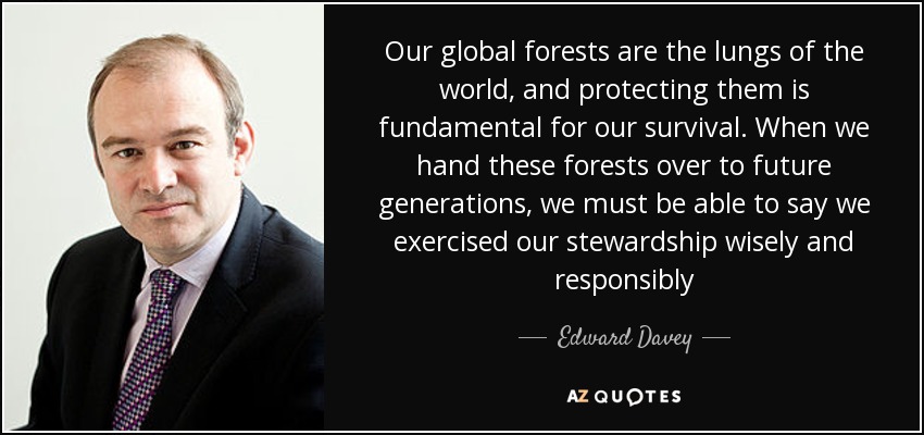 Our global forests are the lungs of the world, and protecting them is fundamental for our survival. When we hand these forests over to future generations, we must be able to say we exercised our stewardship wisely and responsibly - Edward Davey