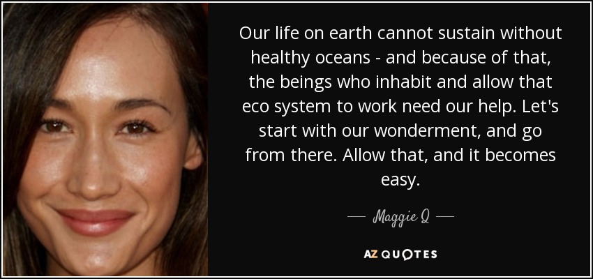 Our life on earth cannot sustain without healthy oceans - and because of that, the beings who inhabit and allow that eco system to work need our help. Let's start with our wonderment, and go from there. Allow that, and it becomes easy. - Maggie Q