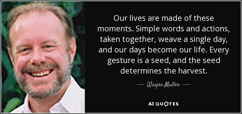 Our lives are made of these moments. Simple words and actions, taken together, weave a single day, and our days become our life. Every gesture is a seed, and the seed determines the harvest. - Wayne Muller