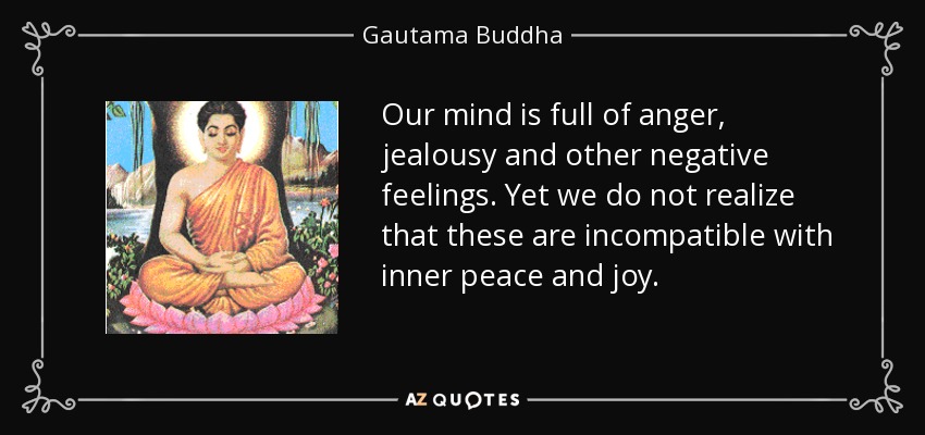 Our mind is full of anger, jealousy and other negative feelings. Yet we do not realize that these are incompatible with inner peace and joy. - Gautama Buddha