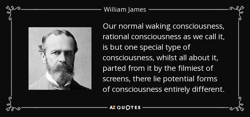 Our normal waking consciousness, rational consciousness as we call it, is but one special type of consciousness, whilst all about it, parted from it by the filmiest of screens, there lie potential forms of consciousness entirely different. - William James