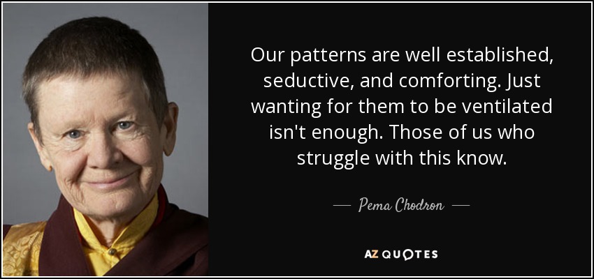 Our patterns are well established, seductive, and comforting. Just wanting for them to be ventilated isn't enough. Those of us who struggle with this know. - Pema Chodron
