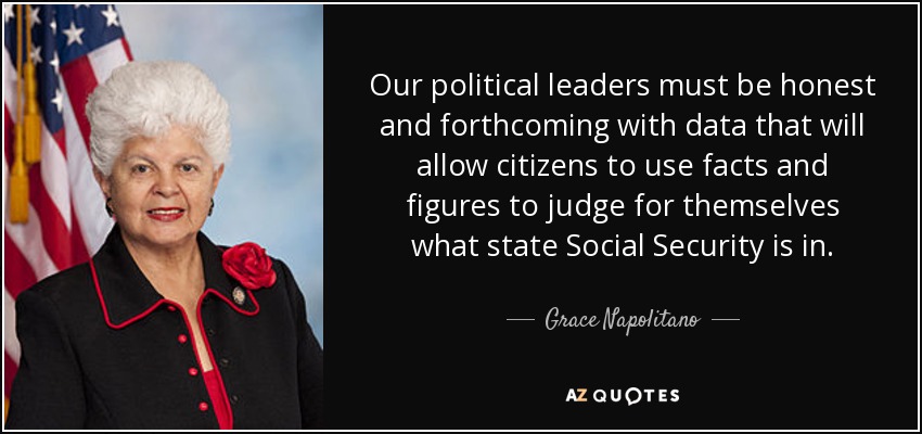 Our political leaders must be honest and forthcoming with data that will allow citizens to use facts and figures to judge for themselves what state Social Security is in. - Grace Napolitano