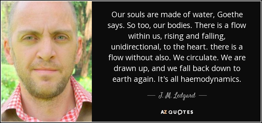 Our souls are made of water, Goethe says. So too, our bodies. There is a flow within us, rising and falling, unidirectional, to the heart. there is a flow without also. We circulate. We are drawn up, and we fall back down to earth again. It's all haemodynamics. - J. M. Ledgard