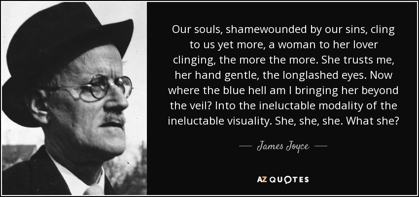 Our souls, shamewounded by our sins, cling to us yet more, a woman to her lover clinging, the more the more. She trusts me, her hand gentle, the longlashed eyes. Now where the blue hell am I bringing her beyond the veil? Into the ineluctable modality of the ineluctable visuality. She, she, she. What she? - James Joyce