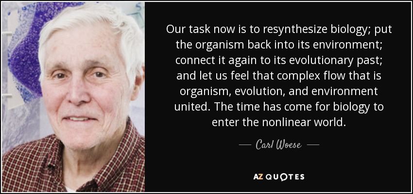 Our task now is to resynthesize biology; put the organism back into its environment; connect it again to its evolutionary past; and let us feel that complex flow that is organism, evolution, and environment united. The time has come for biology to enter the nonlinear world. - Carl Woese