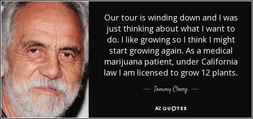 Our tour is winding down and I was just thinking about what I want to do. I like growing so I think I might start growing again. As a medical marijuana patient, under California law I am licensed to grow 12 plants. - Tommy Chong