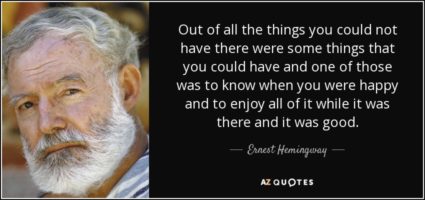 Out of all the things you could not have there were some things that you could have and one of those was to know when you were happy and to enjoy all of it while it was there and it was good. - Ernest Hemingway