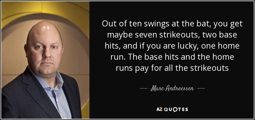 Out of ten swings at the bat, you get maybe seven strikeouts, two base hits, and if you are lucky, one home run. The base hits and the home runs pay for all the strikeouts - Marc Andreessen