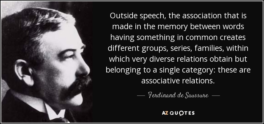 Outside speech, the association that is made in the memory between words having something in common creates different groups, series, families, within which very diverse relations obtain but belonging to a single category: these are associative relations. - Ferdinand de Saussure