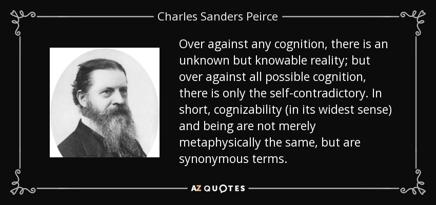 Over against any cognition, there is an unknown but knowable reality; but over against all possible cognition, there is only the self-contradictory. In short, cognizability (in its widest sense) and being are not merely metaphysically the same, but are synonymous terms. - Charles Sanders Peirce