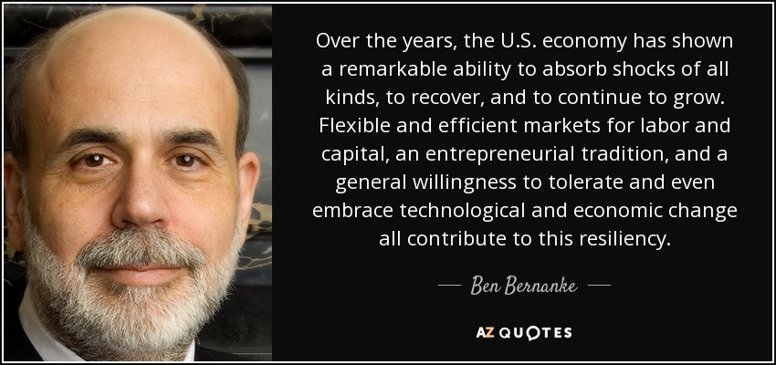 Over the years, the U.S. economy has shown a remarkable ability to absorb shocks of all kinds, to recover, and to continue to grow. Flexible and efficient markets for labor and capital, an entrepreneurial tradition, and a general willingness to tolerate and even embrace technological and economic change all contribute to this resiliency. - Ben Bernanke