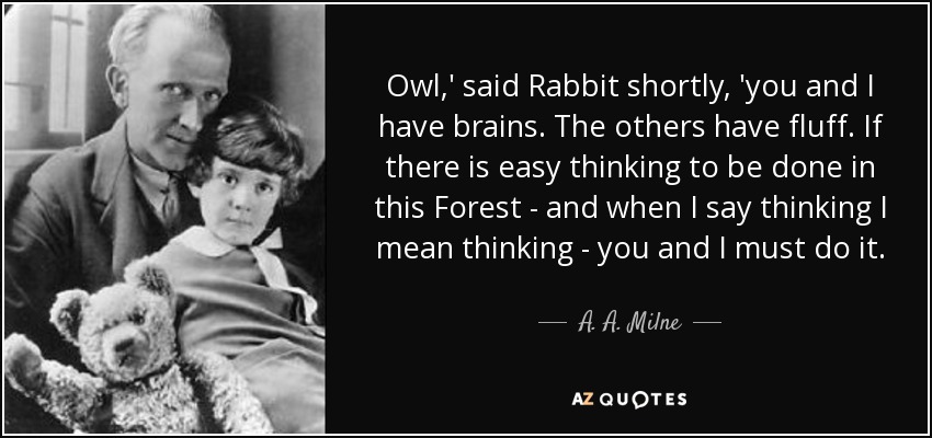 Owl,' said Rabbit shortly, 'you and I have brains. The others have fluff. If there is easy thinking to be done in this Forest - and when I say thinking I mean thinking - you and I must do it. - A. A. Milne