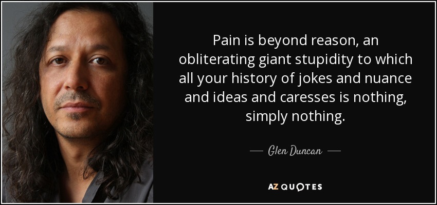 Pain is beyond reason, an obliterating giant stupidity to which all your history of jokes and nuance and ideas and caresses is nothing, simply nothing. - Glen Duncan