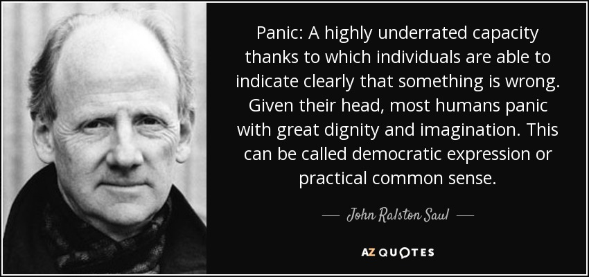 Panic: A highly underrated capacity thanks to which individuals are able to indicate clearly that something is wrong. Given their head, most humans panic with great dignity and imagination. This can be called democratic expression or practical common sense. - John Ralston Saul