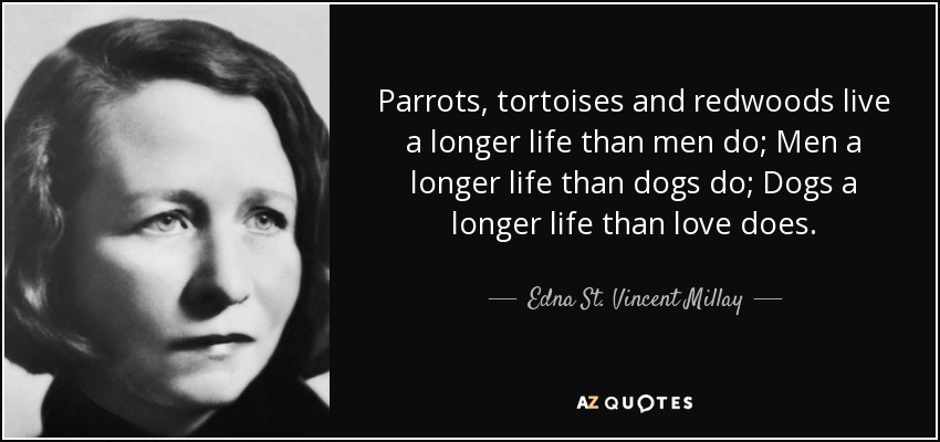 Parrots, tortoises and redwoods live a longer life than men do; Men a longer life than dogs do; Dogs a longer life than love does. - Edna St. Vincent Millay