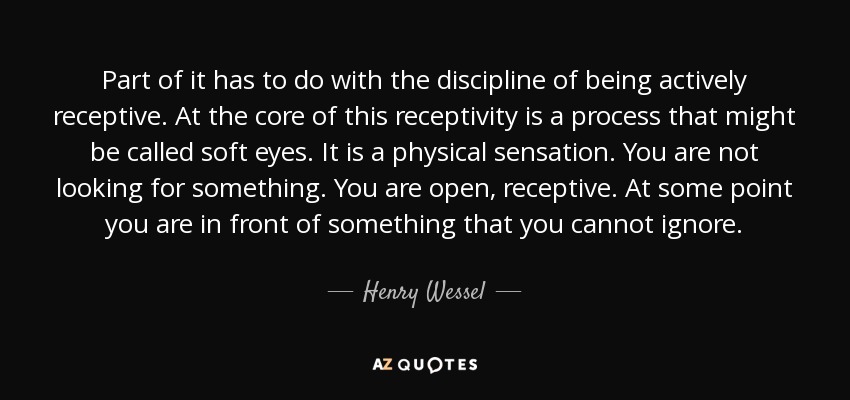 Part of it has to do with the discipline of being actively receptive. At the core of this receptivity is a process that might be called soft eyes. It is a physical sensation. You are not looking for something. You are open, receptive. At some point you are in front of something that you cannot ignore. - Henry Wessel, Jr.