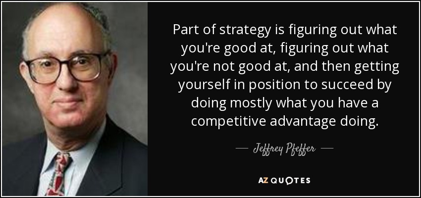 Part of strategy is figuring out what you're good at, figuring out what you're not good at, and then getting yourself in position to succeed by doing mostly what you have a competitive advantage doing. - Jeffrey Pfeffer