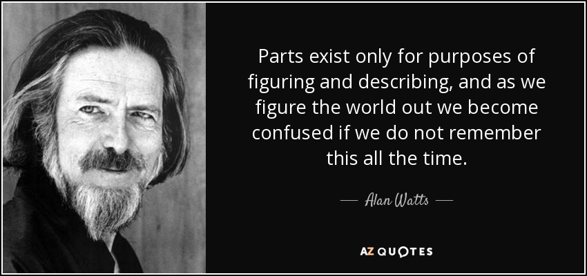 Parts exist only for purposes of figuring and describing, and as we figure the world out we become confused if we do not remember this all the time. - Alan Watts