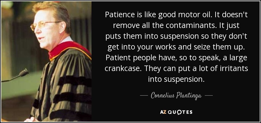 Patience is like good motor oil. It doesn't remove all the contaminants. It just puts them into suspension so they don't get into your works and seize them up. Patient people have, so to speak, a large crankcase. They can put a lot of irritants into suspension. - Cornelius Plantinga