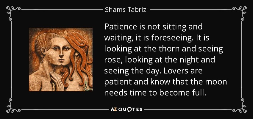 Patience is not sitting and waiting, it is foreseeing. It is looking at the thorn and seeing rose, looking at the night and seeing the day. Lovers are patient and know that the moon needs time to become full. - Shams Tabrizi