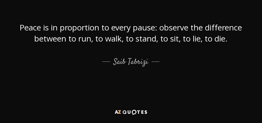 Peace is in proportion to every pause: observe the difference between to run, to walk, to stand, to sit, to lie, to die. - Saib Tabrizi