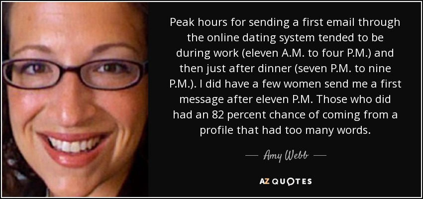 Peak hours for sending a first email through the online dating system tended to be during work (eleven A.M. to four P.M.) and then just after dinner (seven P.M. to nine P.M.). I did have a few women send me a first message after eleven P.M. Those who did had an 82 percent chance of coming from a profile that had too many words. - Amy Webb