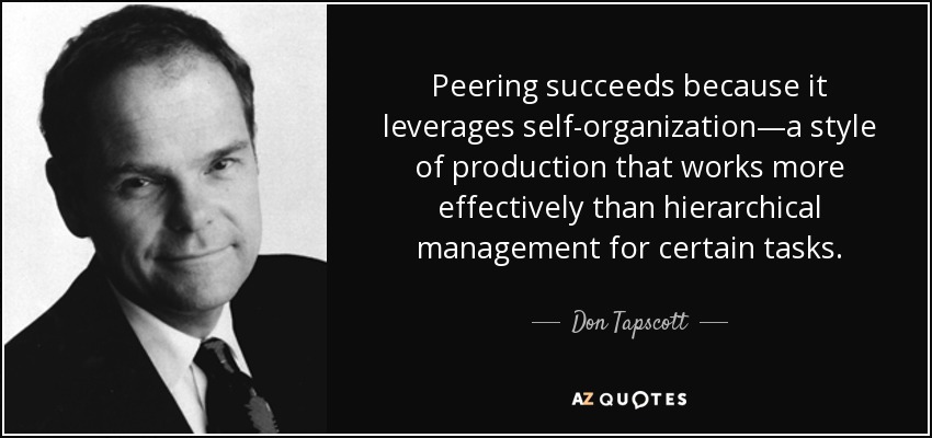 Peering succeeds because it leverages self-organization—a style of production that works more effectively than hierarchical management for certain tasks. - Don Tapscott