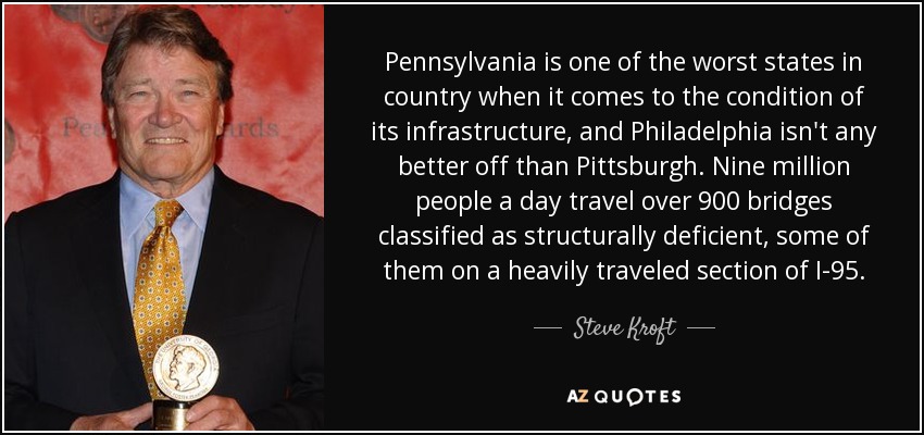 Pennsylvania is one of the worst states in country when it comes to the condition of its infrastructure, and Philadelphia isn't any better off than Pittsburgh. Nine million people a day travel over 900 bridges classified as structurally deficient, some of them on a heavily traveled section of I-95. - Steve Kroft