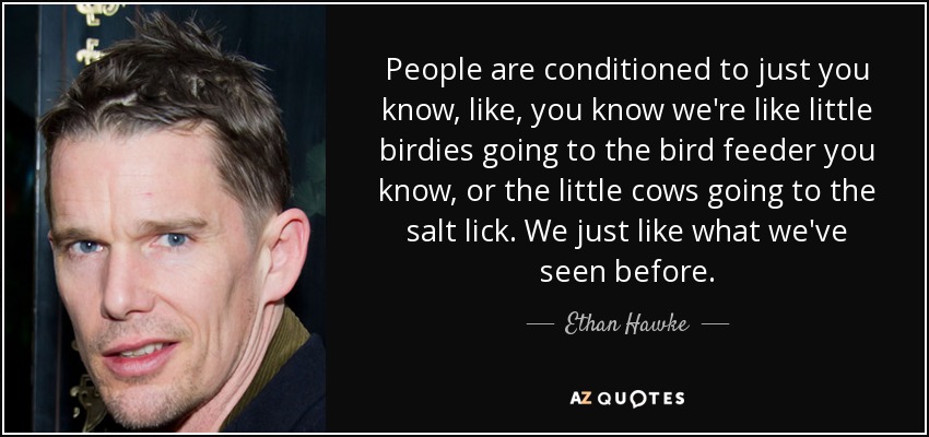 People are conditioned to just you know, like, you know we're like little birdies going to the bird feeder you know, or the little cows going to the salt lick. We just like what we've seen before. - Ethan Hawke