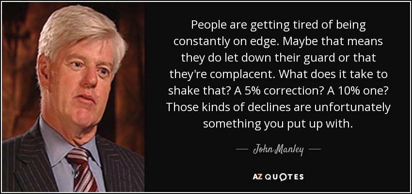People are getting tired of being constantly on edge. Maybe that means they do let down their guard or that they're complacent. What does it take to shake that? A 5% correction? A 10% one? Those kinds of declines are unfortunately something you put up with. - John Manley