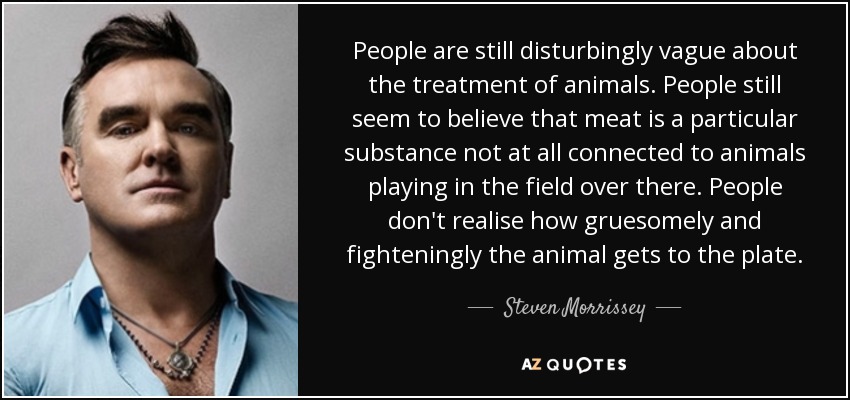 People are still disturbingly vague about the treatment of animals. People still seem to believe that meat is a particular substance not at all connected to animals playing in the field over there. People don't realise how gruesomely and fighteningly the animal gets to the plate. - Steven Morrissey