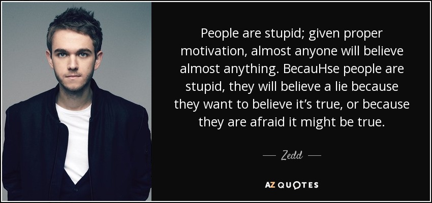 People are stupid; given proper motivation, almost anyone will believe almost anything. BecauHse people are stupid, they will believe a lie because they want to believe it’s true, or because they are afraid it might be true. - Zedd
