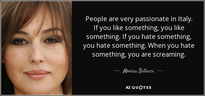 People are very passionate in Italy. If you like something, you like something. If you hate something, you hate something. When you hate something, you are screaming. - Monica Bellucci