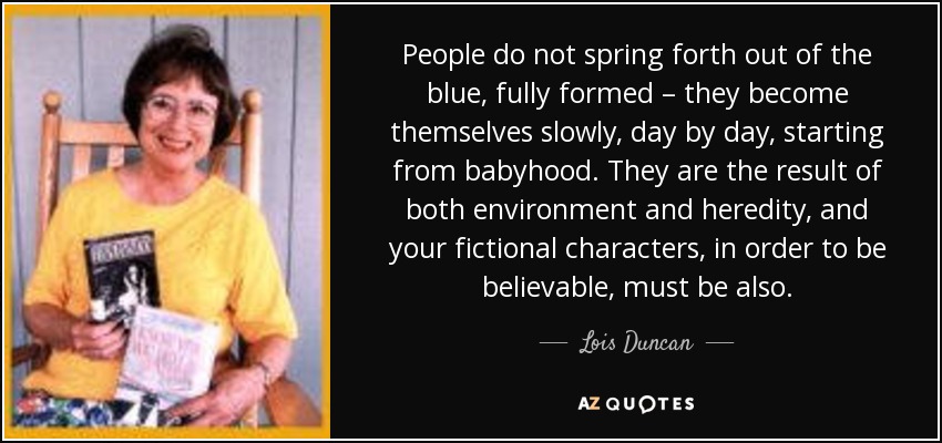 People do not spring forth out of the blue, fully formed – they become themselves slowly, day by day, starting from babyhood. They are the result of both environment and heredity, and your fictional characters, in order to be believable, must be also. - Lois Duncan
