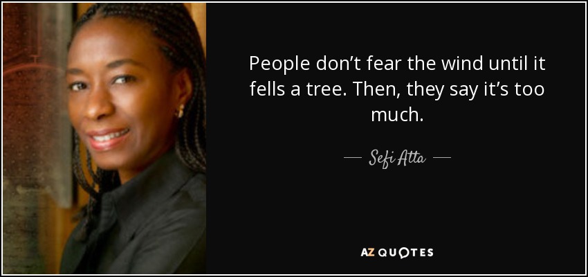 People don’t fear the wind until it fells a tree. Then, they say it’s too much. - Sefi Atta